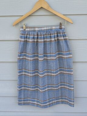 Dimension Skirt Size 8 Blue Plaid Wool Blend Vintage Mini Midi High Waist Zipper